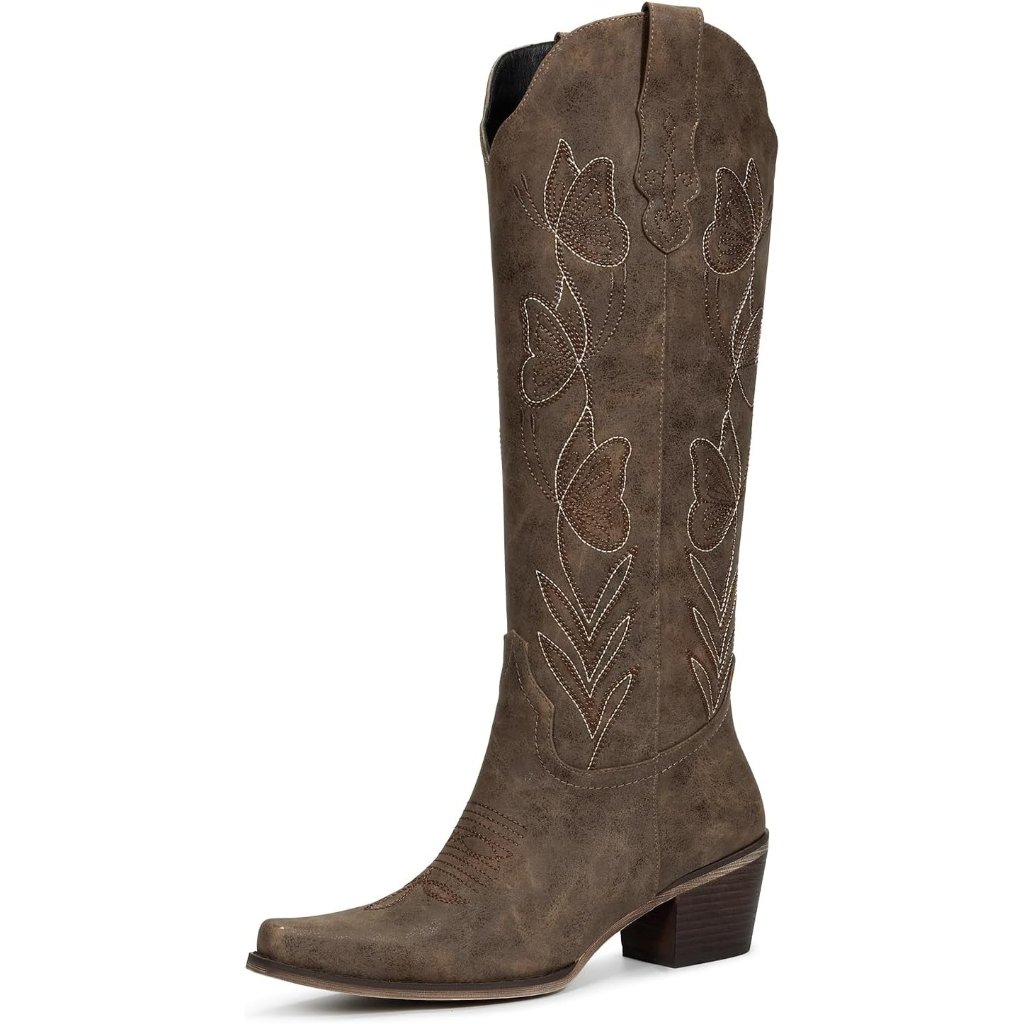 Women Taupe Brown Butterfly Knee High Cowgirl Boots Embroidered Zipper Chunky
